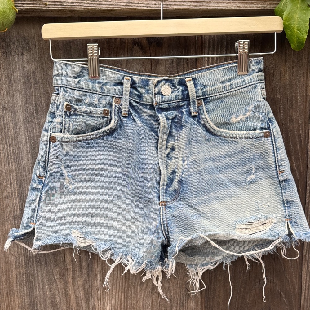 Agolde Light Blue Distressed Jean Shorts